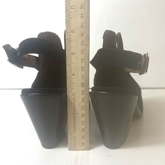 Frye Black Suede Ankle Bootie High Heels Wrap Women's Size 8.5 B Peep Toe Buckle - Picture 6 of 11